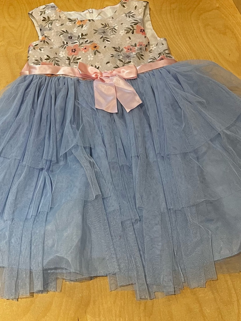 Floral Bodice Blue Tulle Party Dress with Pink Bow - Kids